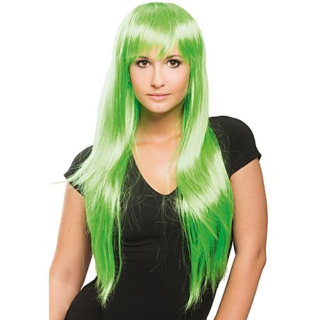 Perruque cheveux longs, frange, vert