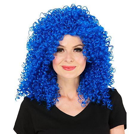 Perruque frisee "Curly", bleu fonce