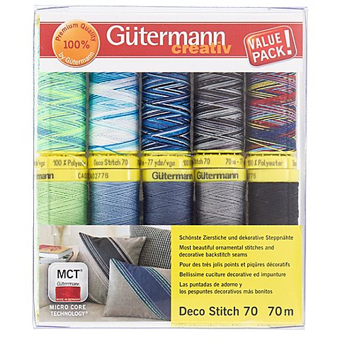 Image of Gütermann Nähfaden-Set "Deco Stitch 70", grün/blau/grau, 10x 70 m